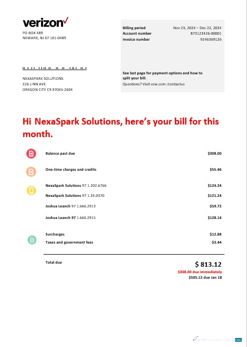 USA Verizon telecommunications business utility bill template in Word and PDF formats